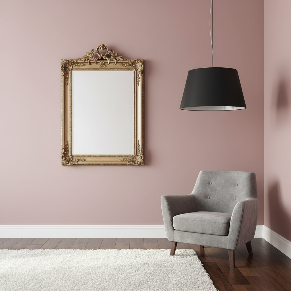 Elegancki kącik w salonie glamour. Ściana w kolorze pudrowego różu, na której wisi lustro w złotej, zdobionej ramie. Na podłodze fragment grubego, białego, puszystego dywanu. Obok stoi nowoczesny fotel obity szarym welurem, a nad nim zwisa z sufitu designerska lampa z dużym, matowym, czarnym kloszem. Całość jest subtelna, ale z wyraźnym, eleganckim kontrastem.