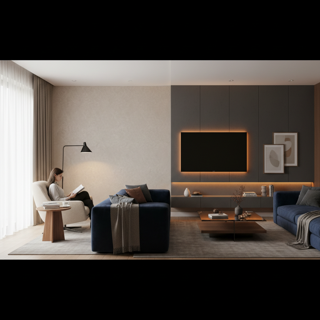 Elegancki salon, w którym jedna część pomieszczenia jest jasno oświetlona, idealna do czytania książki w fotelu, a druga, wokół telewizora, ma subtelne, ciepłe podświetlenie akcentujące ścianę. Obraz powinien pokazywać wszechstronność oświetlenia i możliwość kreowania różnych nastrojów w jednej przestrzeni za pomocą jednego inteligentnego systemu.