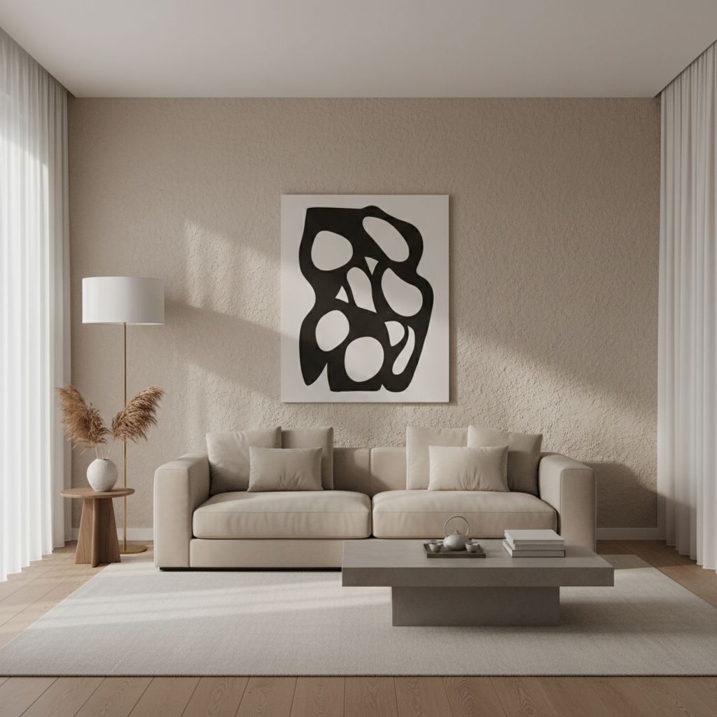 Elegancki, minimalistyczny salon skąpany w delikatnym, porannym świetle. Centralnym punktem jest duża ściana za nowoczesną, prostą sofą. Ściana ma subtelną, piaskową fakturę, na której światło tworzy miękkie cienie, dodając wnętrzu głębi i ciepła. Kolorystyka jest neutralna, dominują beże, szarości i biel. Wnętrze jest spokojne i harmonijne, podkreślając piękno dekoracyjnej ściany.