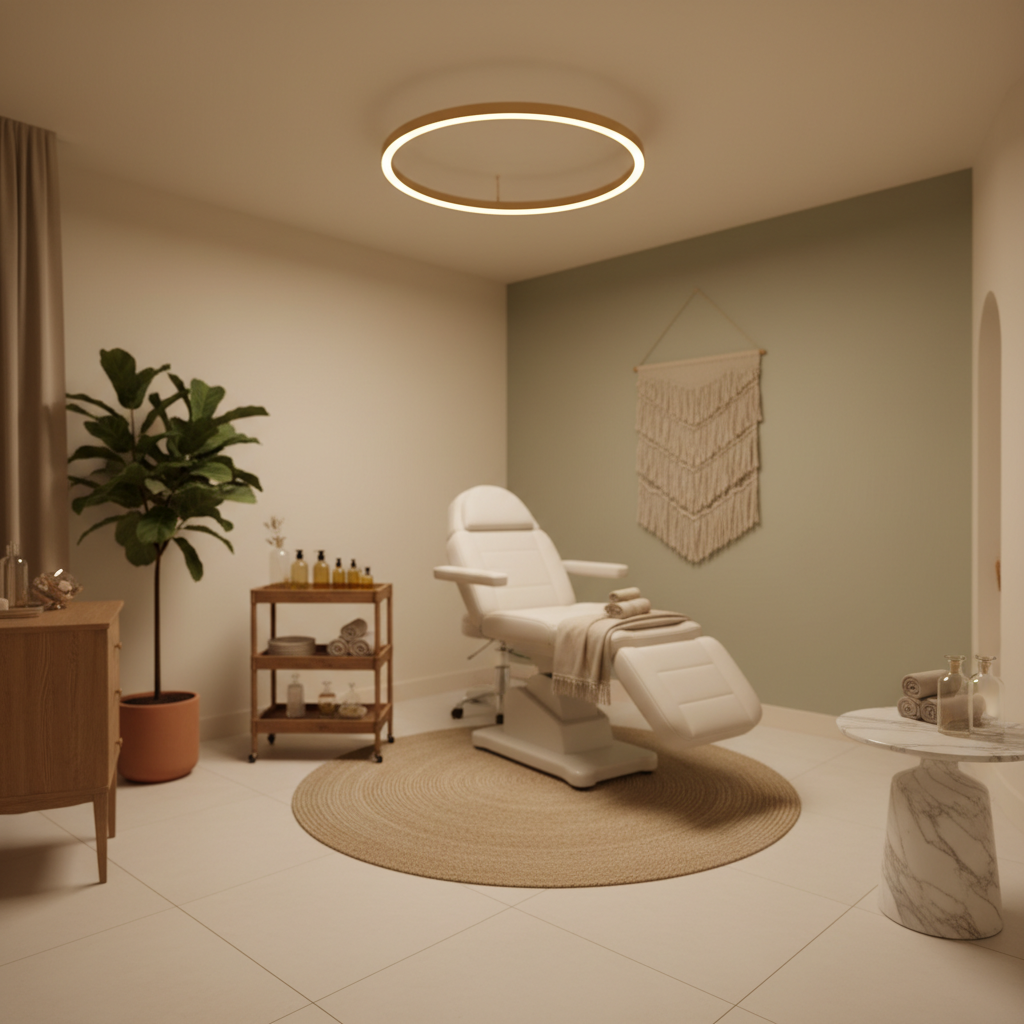 Luksusowy, spokojny gabinet kosmetyczny lub SPA. Wnętrze jest utrzymane w ciepłych, naturalnych barwach. Na suficie zamontowany jest dyskretny plafon LED, który emituje miękkie, ciepłe światło, tworząc atmosferę relaksu i wyciszenia. W tle widać fotel zabiegowy i eleganckie dodatki.