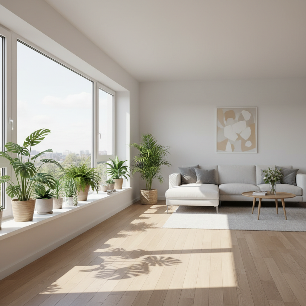 Wnętrze salonu z dużym, panoramicznym oknem wczesnym popołudniem. Promienie słońca wpadają do środka, tworząc na drewnianej podłodze malownicze cienie i refleksy. Na parapecie stoją doniczki z zielonymi roślinami, które wyglądają na zdrowe i pełne życia. Wnętrze jest minimalistyczne, utrzymane w jasnych barwach, co dodatkowo potęguje wrażenie przestronności.