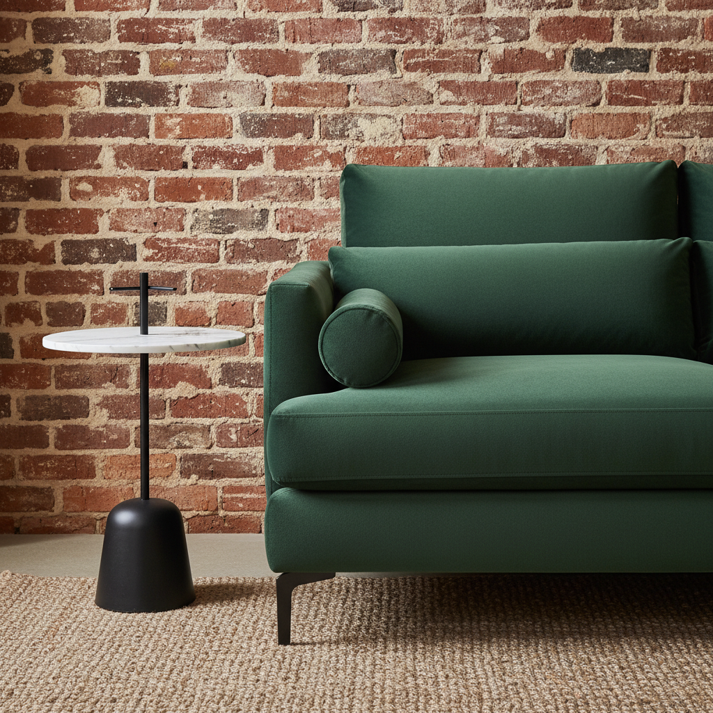 Zbliżenie na fragment salonu eklektycznego. Widoczna jest ściana z surowej, czerwonej cegły. O ścianę opiera się ciemnozielona, aksamitna sofa z miękkimi poduszkami. Obok sofy stoi mały, okrągły stolik z czarnego metalu z blatem z białego marmuru. Na podłodze widać fragment jutowego dywanu o grubym splocie. Światło z boku podkreśla różnorodność faktur: szorstkość cegły, gładkość marmuru i miękkość aksamitu.