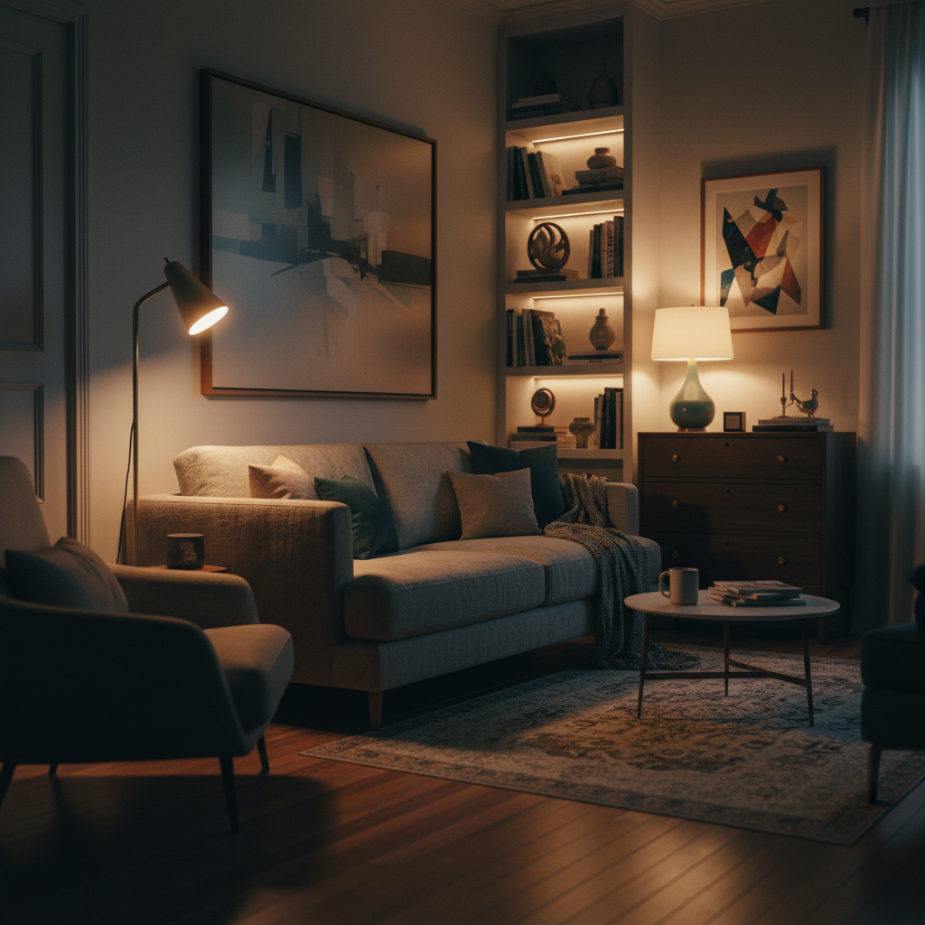Nastrojowy wieczorny kadr przedstawiający fragment salonu w małym mieszkaniu. Wnętrze oświetlone jest przez kilka źródeł światła: ciepłe światło z nowoczesnej lampy podłogowej obok sofy, subtelny blask z lampki stołowej na komodzie oraz delikatne podświetlenie półki z książkami. Główne światło sufitowe jest wyłączone, co tworzy przytulną, intymną i wielowymiarową atmosferę.