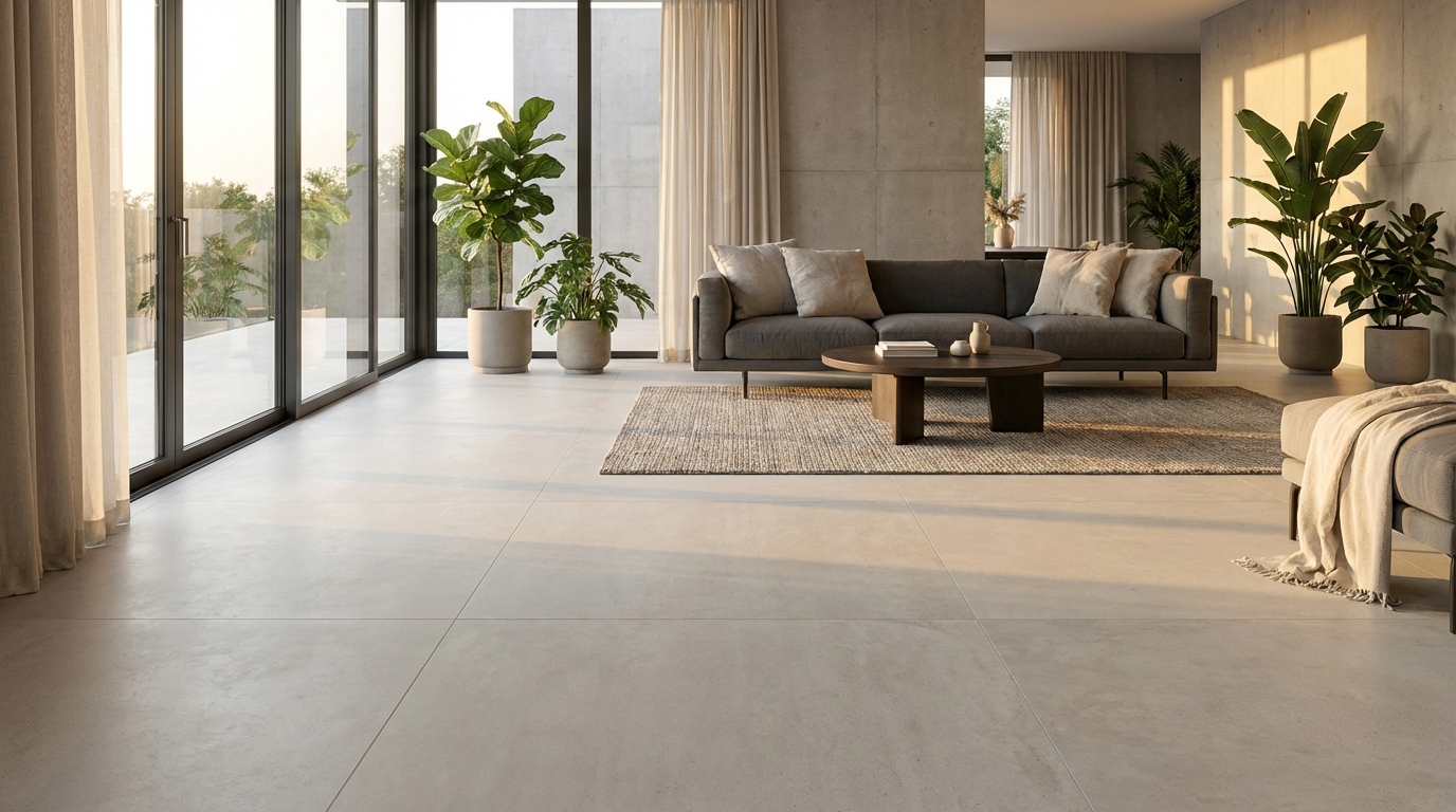 Fotorealistyczne zdjęcie przestronnego, nowocześnie urządzonego salonu z dużymi oknami wpuszczającymi ciepłe, naturalne światło. Na podłodze położone są duże, matowe płytki gresowe w odcieniu jasnego betonu (np. 120x120 cm), z minimalną fugą, co tworzy niemal jednolitą powierzchnię. W tle widać minimalistyczną sofę, stolik kawowy i kilka roślin doniczkowych. Zdjęcie ma aspiracyjny, elegancki charakter i podkreśla estetykę płytek wielkoformatowych.