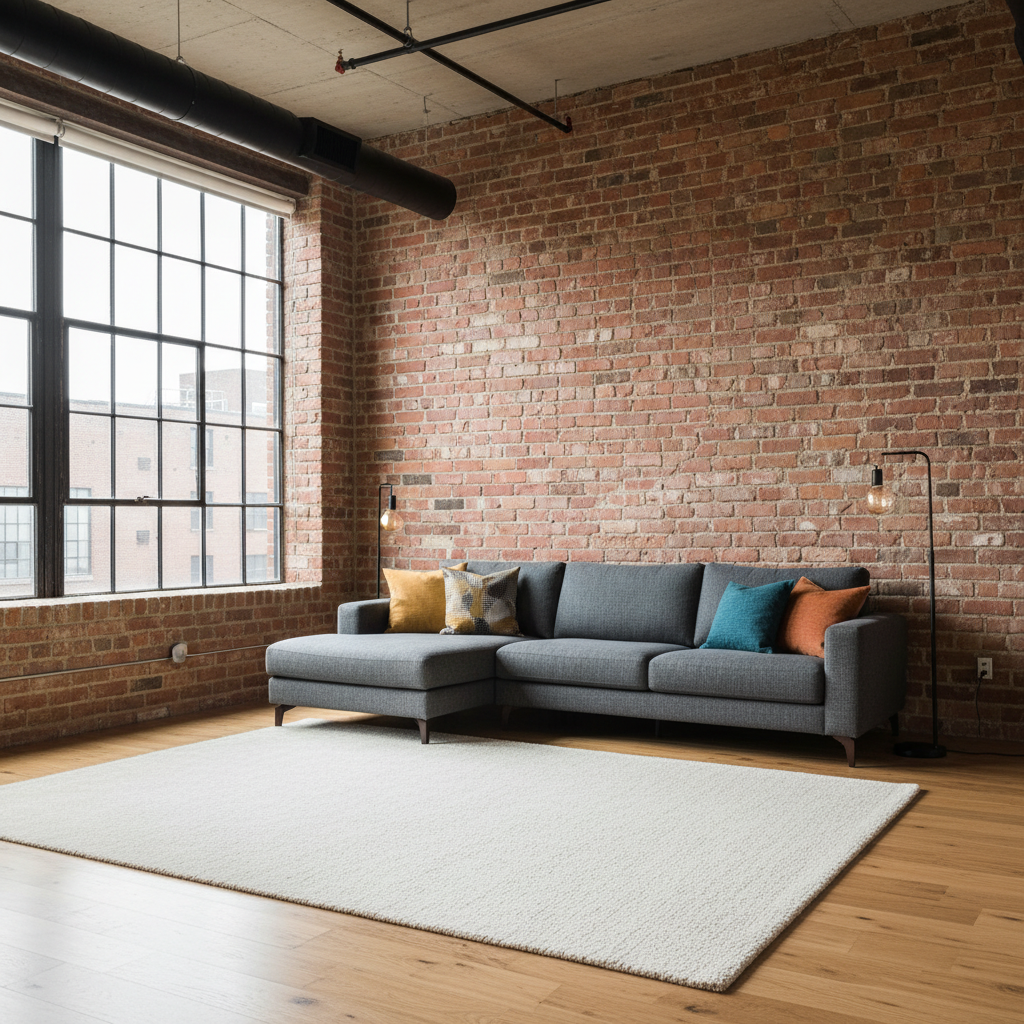 Nowoczesny, przestronny salon w stylu loftowym. Jedna ściana w całości pokryta jest naturalną, czerwoną cegłą. Na jej tle stoi minimalistyczna, szara sofa z kolorowymi poduszkami. Duże okno wpuszcza do wnętrza mnóstwo światła, które podkreśla fakturę cegły. Na drewnianej podłodze leży miękki dywan. Całość tworzy ciepłą, ale i industrialną atmosferę.