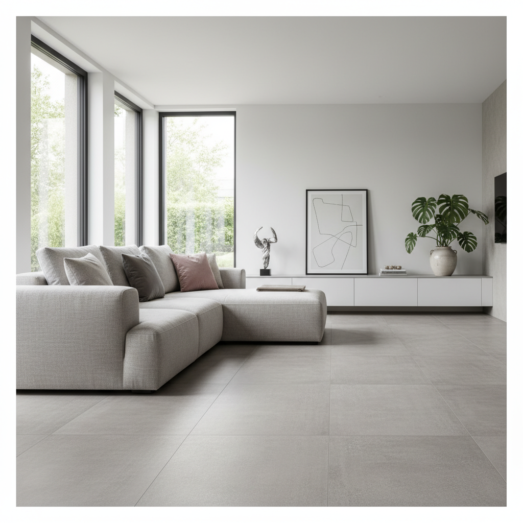 Elegancki, nowoczesny salon z dużą, szarą podłogą z płytek gresowych o wyglądzie betonu. Przez duże okna wpada naturalne światło, a na wygodnej sofie leżą miękkie poduszki. W tle widać minimalistyczną dekorację i zieloną roślinę w doniczce.