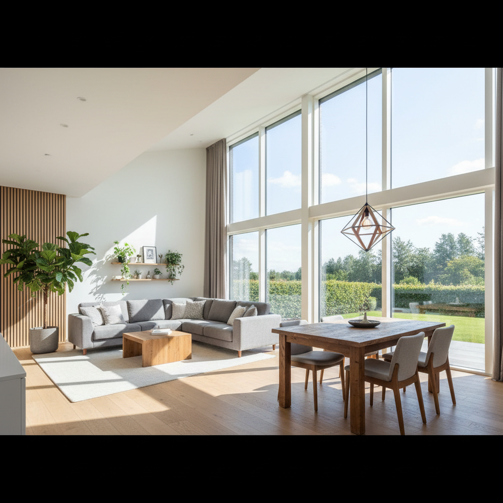Przestronny, jasny salon połączony z jadalnią w nowoczesnym domu. Duże okna od podłogi do sufitu wpuszczają mnóstwo naturalnego światła. W części wypoczynkowej znajduje się duża, szara sofa narożna, a w części jadalnianej solidny drewniany stół z krzesłami. Wnętrze jest minimalistyczne, ale przytulne, z akcentami drewna i roślin doniczkowych.