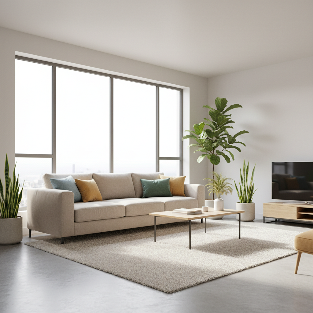 Jasny, przestronny salon urządzony w nowoczesnym, minimalistycznym stylu. W centrum znajduje się duża, wygodna kanapa w neutralnym, beżowym kolorze, ozdobiona kilkoma kolorowymi poduszkami. Duże okno wpuszcza do środka mnóstwo naturalnego światła, a na podłodze leży miękki dywan. W tle widać kilka roślin doniczkowych i prosty stolik kawowy. Całość tworzy ciepłą i przyjazną atmosferę relaksu.