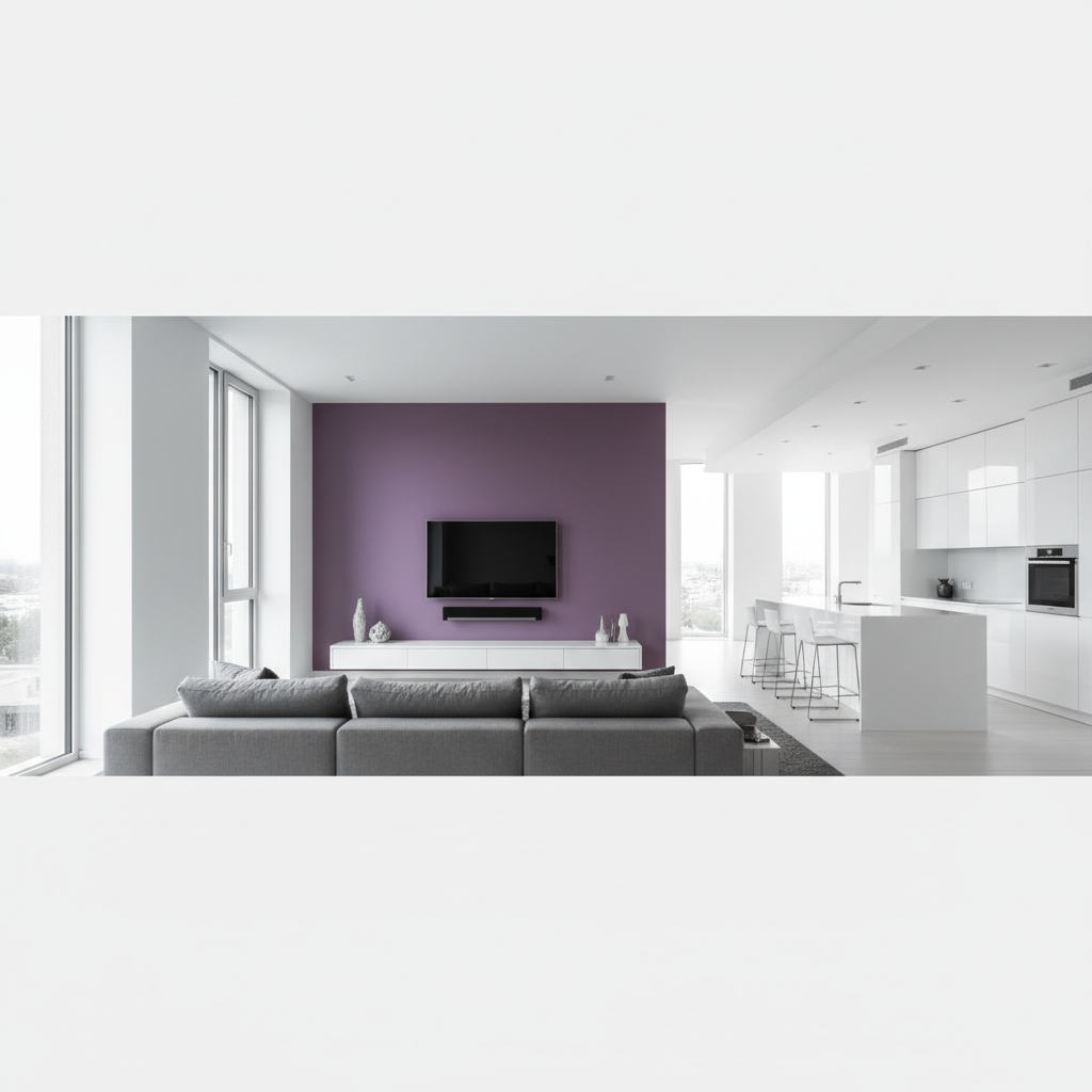Panoramiczne ujęcie nowoczesnego, minimalistycznego salonu połączonego z kuchnią. Paleta kolorów zdominowana jest przez biel i odcienie szarości. Jako główny punkt centralny wyróżnia się efektowna ściana akcentowa w głębokim, matowym odcieniu fioletu, na której zamontowano duży telewizor. Naprzeciwko ściany stoi wygodny, szary narożnik. W tle widać kuchnię z białymi szafkami na wysoki połysk. Przestrzeń jest zalana jasnym, naturalnym światłem wpadającym przez duże okna. Całość tworzy wrażenie wyrafinowanej i czystej elegancji.