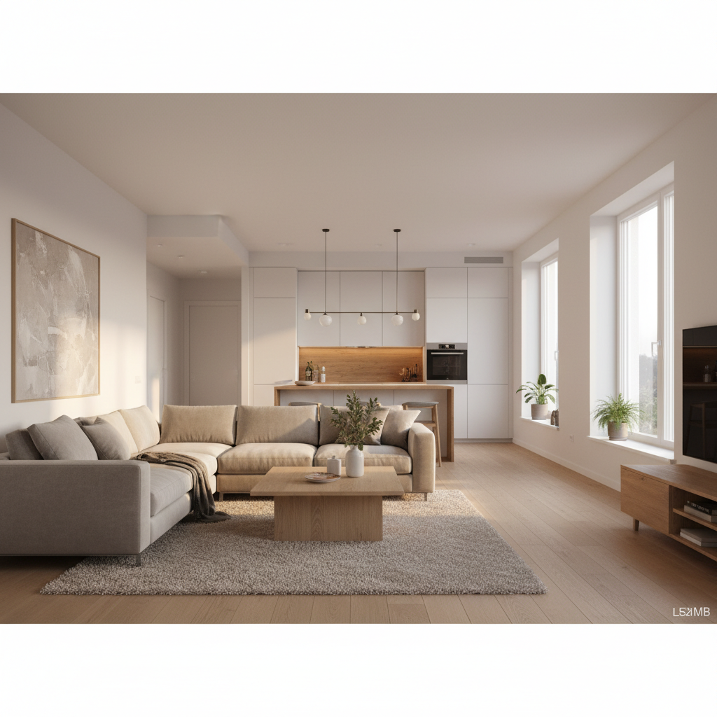 Szerokie ujęcie nowoczesnego, jasnego salonu połączonego z kuchnią. W salonie znajduje się duża, wygodna sofa w neutralnym kolorze, stolik kawowy z naturalnego drewna i miękki dywan. Kuchnia w tle jest minimalistyczna, z białymi, bezuchwytowymi frontami i drewnianym blatem. Całość oświetlona jest ciepłym, naturalnym światłem wpadającym przez duże okna. Wnętrze jest eleganckie, przestronne i przytulne, idealnie oddaje harmonię między strefą wypoczynku a gotowania.