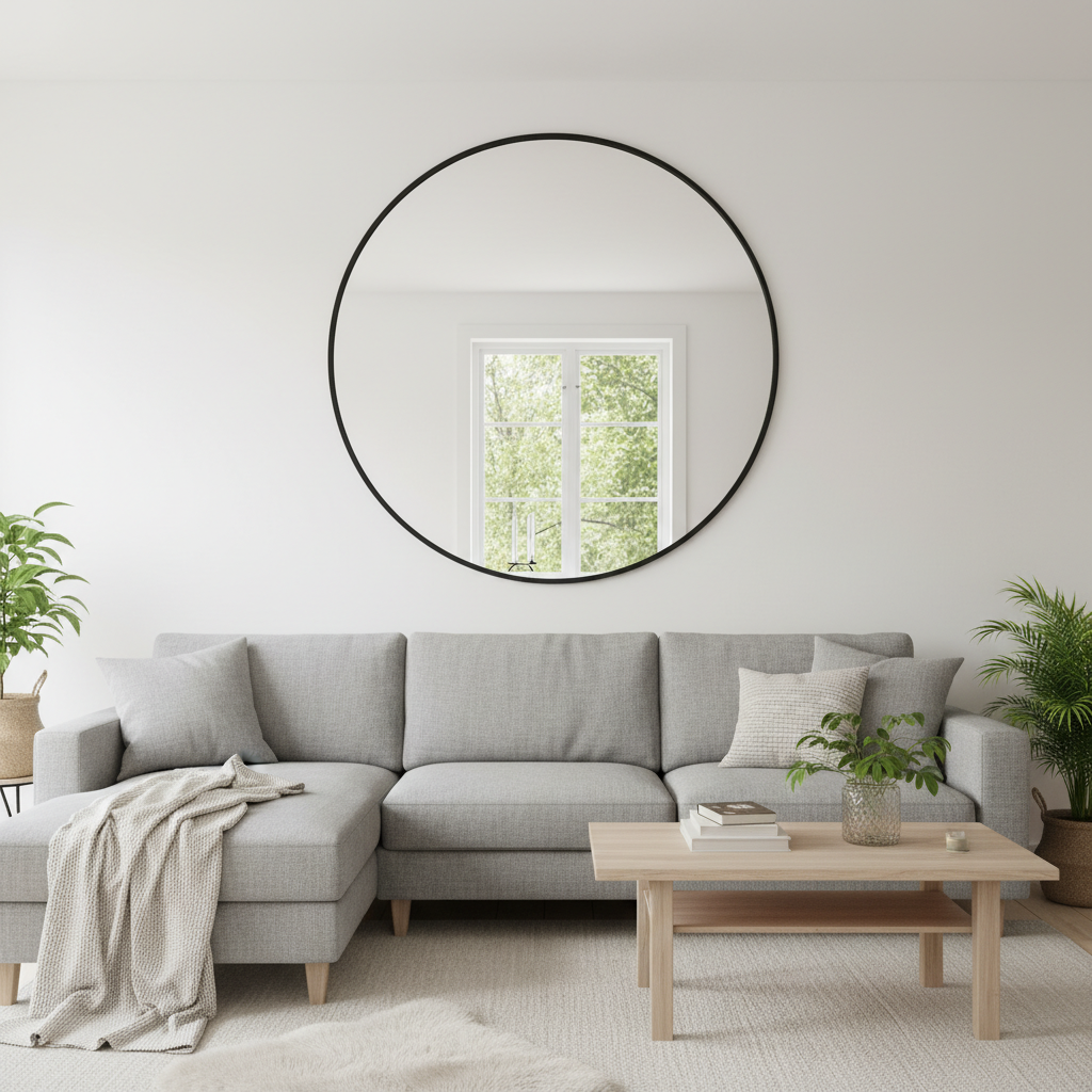Jasny, przestronny salon w stylu skandynawskim, w którym centralnym punktem jest duża, szara kanapa. Na ścianie za kanapą wisi ogromne, okrągłe lustro w cienkiej, czarnej, metalowej ramie. W lustrze odbija się widok z dużego okna naprzeciwko, wpuszczając do wnętrza jeszcze więcej światła i widok zieleni z zewnątrz. Wnętrze jest minimalistyczne, ale przytulne, z drewnianymi akcentami i miękkimi tekstyliami.