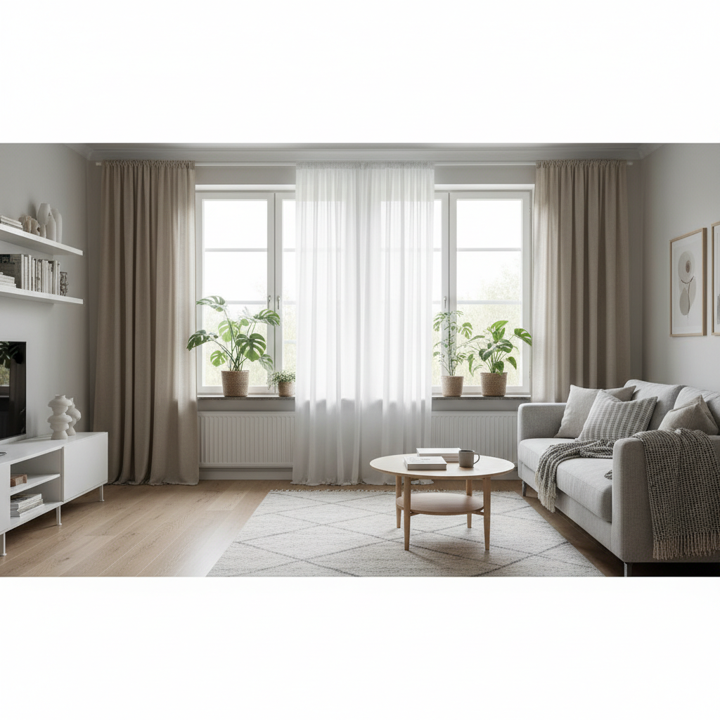 Jasny, przestronny salon w stylu skandynawskim, z dużym oknem sięgającym od podłogi do sufitu. Przez okno wpada miękkie, poranne światło. Po bokach okna wiszą eleganckie, lniane zasłony w kolorze beżowym, a na środku delikatna, biała firana, która subtelnie faluje. Na parapecie stoi kilka zielonych roślin doniczkowych. Wnętrze jest harmonijne i przytulne, co podkreśla, że okno jest sercem domu.