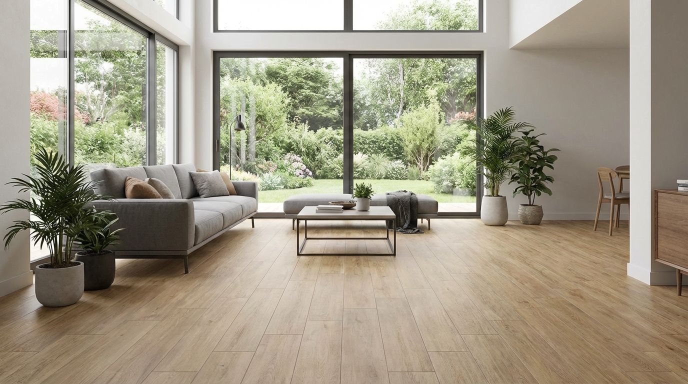 Szerokie ujęcie jasnego, przestronnego salonu z dużymi oknami wychodzącymi na ogród. Podłoga wyłożona jest realistycznymi, podłużnymi płytkami ceramicznymi imitującymi jasny dąb. Na podłodze stoi nowoczesna, szara sofa, stolik kawowy i kilka roślin doniczkowych. Wnętrze jest minimalistyczne, ale ciepłe i przytulne dzięki "drewnianej" podłodze.