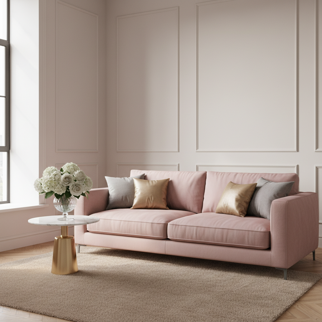 Elegancki, jasny salon z dużą, komfortową sofą w odcieniu pudrowego różu. W tle neutralna, kremowa ściana z subtelnymi sztukateriami. Na sofie leżą poduszki w odcieniach szarości i złota. Obok stoi mały, marmurowy stolik kawowy ze złotą podstawą i wazonem świeżych, białych kwiatów. Światło dzienne wpada przez duże okno, tworząc ciepłą i przytulną atmosferę.