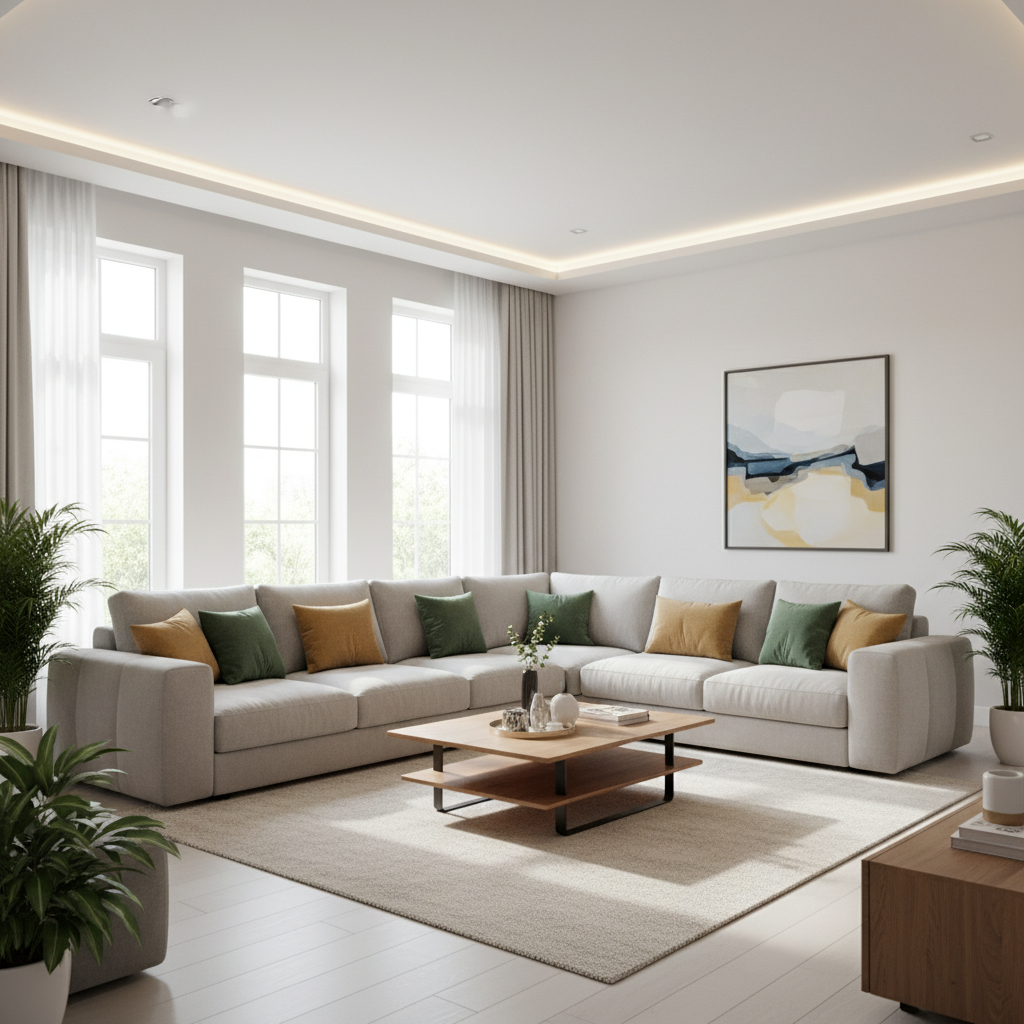Jasny, przestronny salon w stylu nowoczesnym, z dużymi oknami i naturalnym światłem. W centrum znajduje się duża, superwygodna sofa modułowa w neutralnym, jasnoszarym kolorze, udekorowana kilkoma miękkimi poduszkami w kolorze butelkowej zieleni i musztardowym. Przed sofą stoi niski, drewniany stolik kawowy, a na podłodze leży miękki dywan. Wnętrze jest minimalistyczne, ale przytulne, zapraszające do relaksu.
