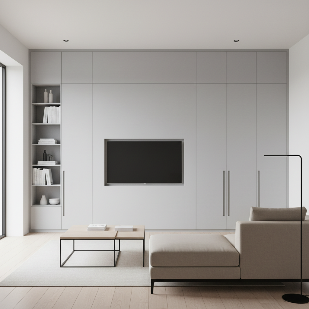 Minimalistyczny, jasny salon, w którym jedna ze ścian jest w całości pokryta nowoczesną, gładką zabudową meblową w kolorze białym lub jasnoszarym, bez widocznych uchwytów. Zabudowa pełni funkcję szafy, biblioteczki i szafki RTV, tworząc spójną i uporządkowaną przestrzeń. Przed nią stoi prosta, elegancka kanapa i stolik kawowy.