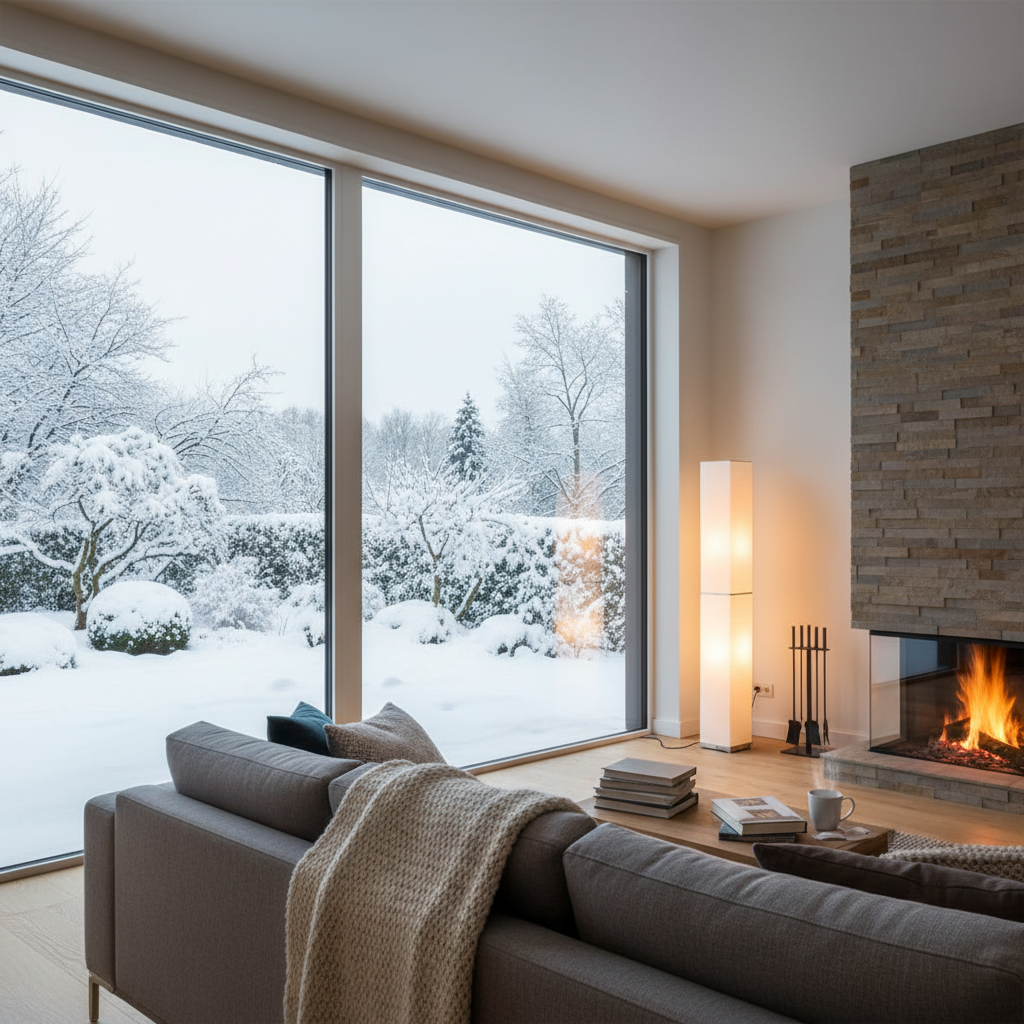 Przytulny, nowocześnie urządzony salon w zimowej scenerii. Przez duże, sięgające od podłogi do sufitu okno widać ośnieżony ogród. Wnętrze jest ciepłe i jasne, na kanapie leży koc, a obok pali się lampka, co sugeruje komfort i ciepło mimo zimna na zewnątrz. Na szybie nie widać śladu skraplającej się pary.