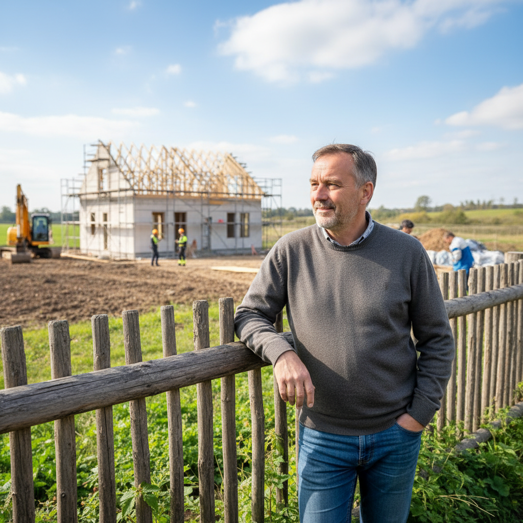 Sąsiad stojący przy drewnianym ogrodzeniu, spoglądający z zaciekawieniem, ale bez negatywnych emocji, na plac budowy w tle. Słoneczny, spokojny dzień, co sugeruje raczej obywatelską ciekawość i troskę o otoczenie niż konflikt.