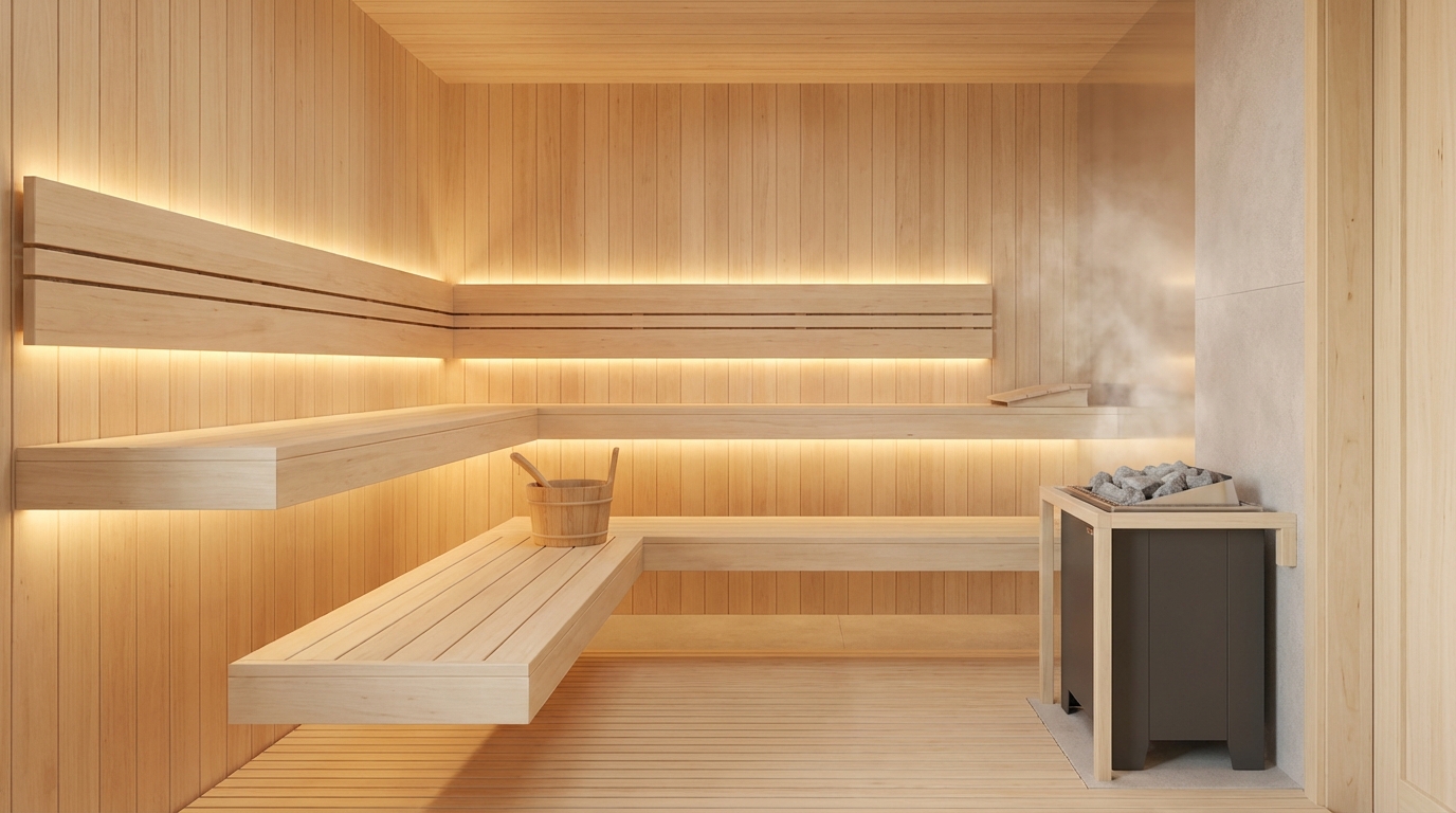 Fotorealistyczne zdjęcie nowoczesnej, minimalistycznej sauny domowej wykonanej z jasnego drewna, z subtelnym oświetleniem LED pod ławkami. Wnętrze jest czyste i spokojne, z widocznym w tle piecem z gorącymi kamieniami. Kadr emanuje ciepłą, relaksującą atmosferą, zapraszając do odpoczynku.