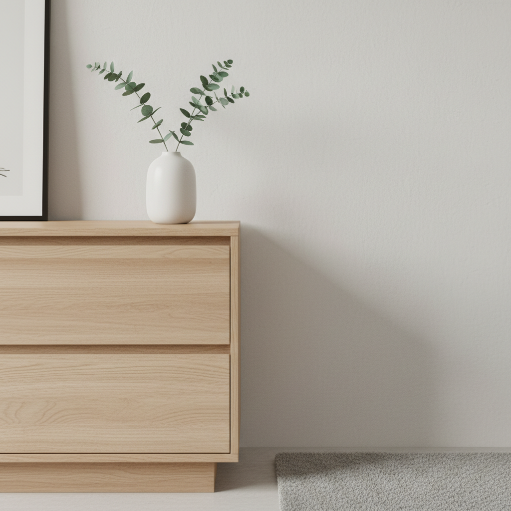 Zbliżenie na fragment wnętrza w stylu skandynawskim. W kadrze widoczny jest róg jasnej, drewnianej komody, na której stoi prosta, biała ceramiczna waza z kilkoma gałązkami eukaliptusa. Tłem jest ściana o delikatnej, fakturowanej powierzchni w odcieniu złamanej bieli. Obok komody fragment miękkiego, wełnianego dywanu w kolorze jasnoszarym. Delikatne, rozproszone światło podkreśla naturalne tekstury materiałów.