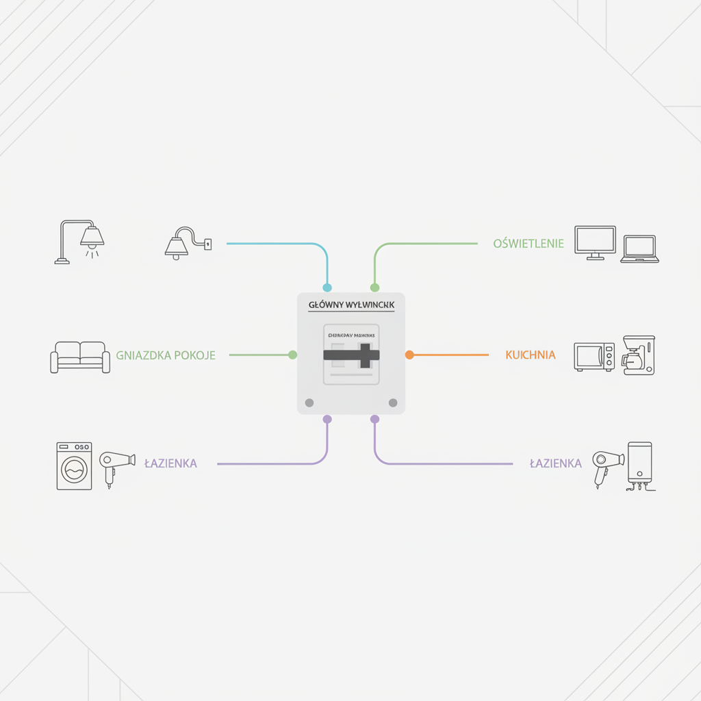 Estetyczny, uproszczony schemat przedstawiający podział instalacji elektrycznej w domu na różne obwody: oświetlenie, gniazdka w pokojach, kuchnia, łazienka. Tło w stylu minimalistycznym, z czytelnymi ikonami urządzeń.