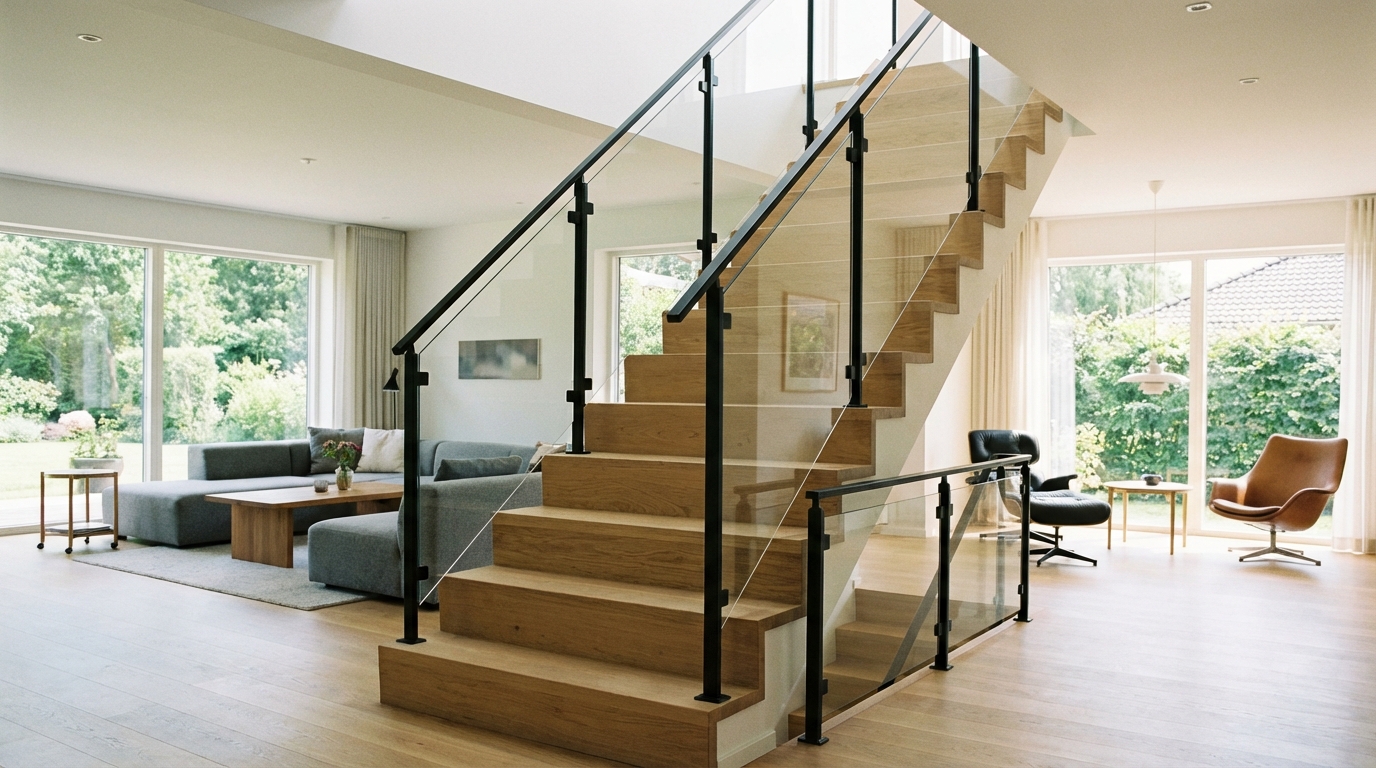 Imponujące, nowoczesne schody w centralnym punkcie przestronnego, jasnego salonu w stylu skandynawskim. Stopnie wykonane są z litego, jasnego dębu. Balustrada to połączenie minimalistycznych, czarnych stalowych słupków z przezroczystym, hartowanym szkłem. W tle widać designerskie meble i duże okna z widokiem na ogród. Zdjęcie wykonane w perspektywie, która podkreśla wysokość i elegancję konstrukcji, z miękkim, naturalnym światłem.