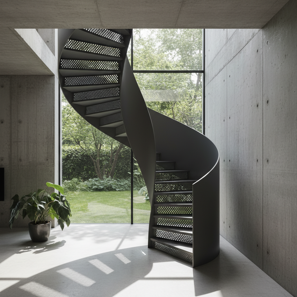 Minimalistyczne, metalowe schody spiralne w kolorze antracytowym, umieszczone na tle ogromnego, sięgającego od podłogi do sufitu okna z widokiem na zielony ogród. Słońce prześwieca przez ażurowe stopnie, tworząc na jasnej podłodze salonu dynamiczną grę światła i cienia. Wnętrze jest surowe, z betonowymi ścianami, co podkreśla industrialny charakter schodów.
