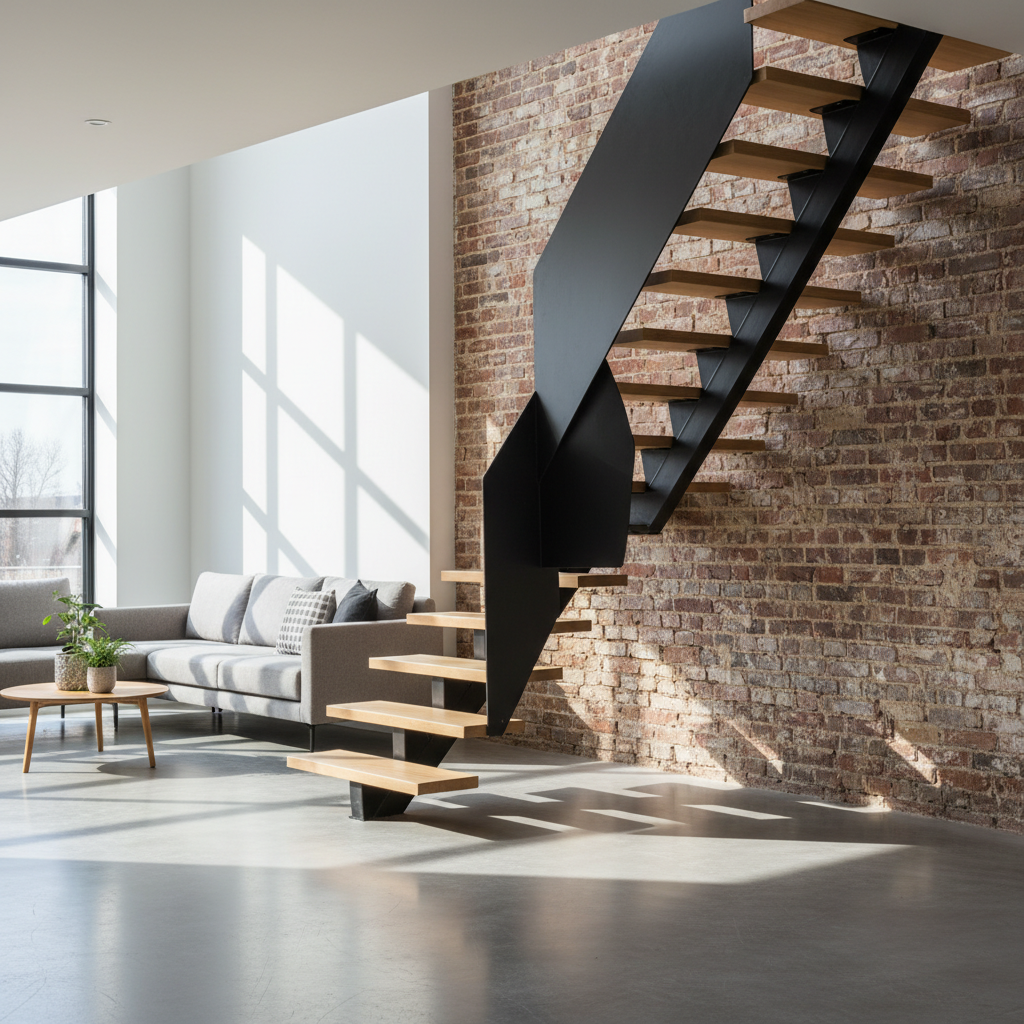 Nowoczesne, ażurowe schody w salonie, wykonane z jasnego drewna i czarnego metalu. Schody umieszczone są przy ścianie z surowej cegły. Przez stopnie przenika naturalne światło z dużego okna, tworząc grę cieni na podłodze. Wnętrze jest minimalistyczne, w stylu skandynawskim, z wygodną szarą kanapą w tle.
