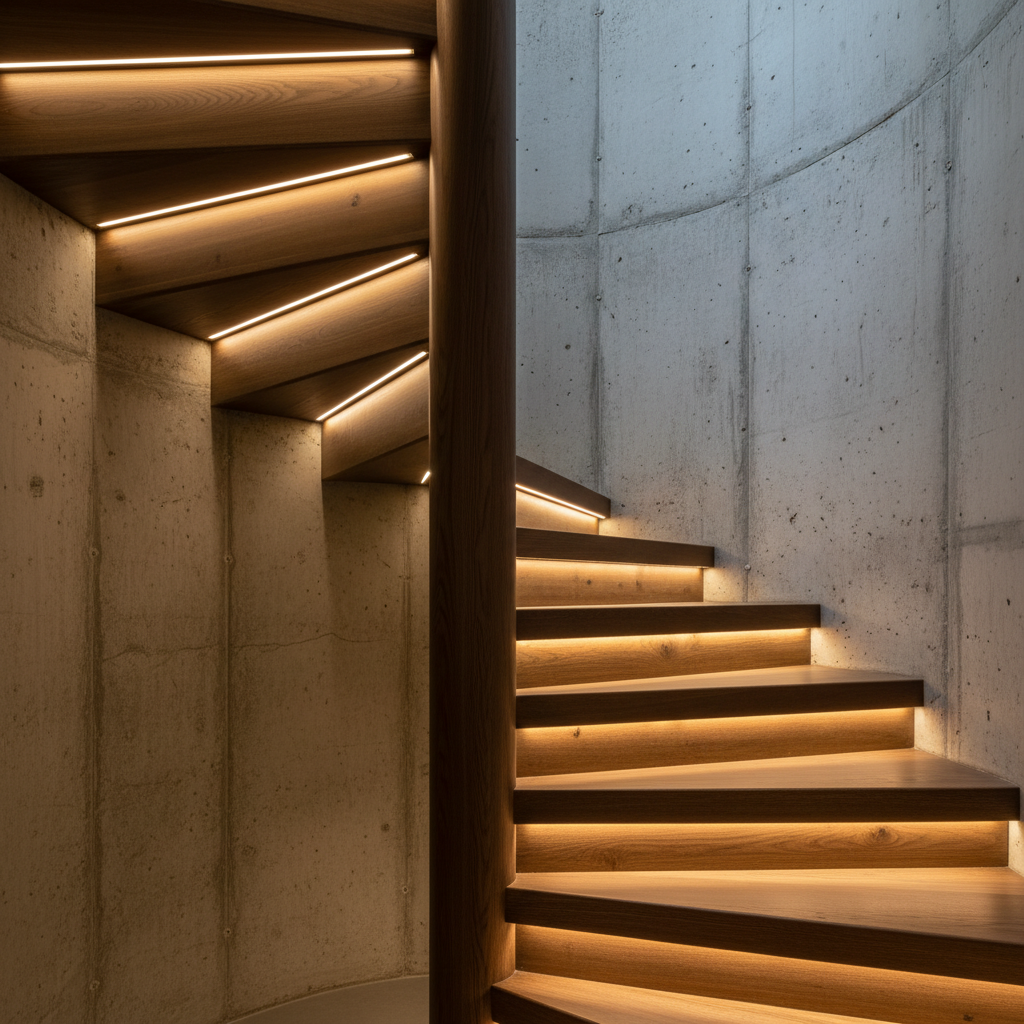 Nowoczesne, kręcone schody z ciemnego drewna, gdzie każdy stopień jest podświetlony od spodu ciepłą taśmą LED, tworząc efekt lewitacji. Światło subtelnie oświetla również minimalistyczną ścianę z surowego betonu, podkreślając jej fakturę.