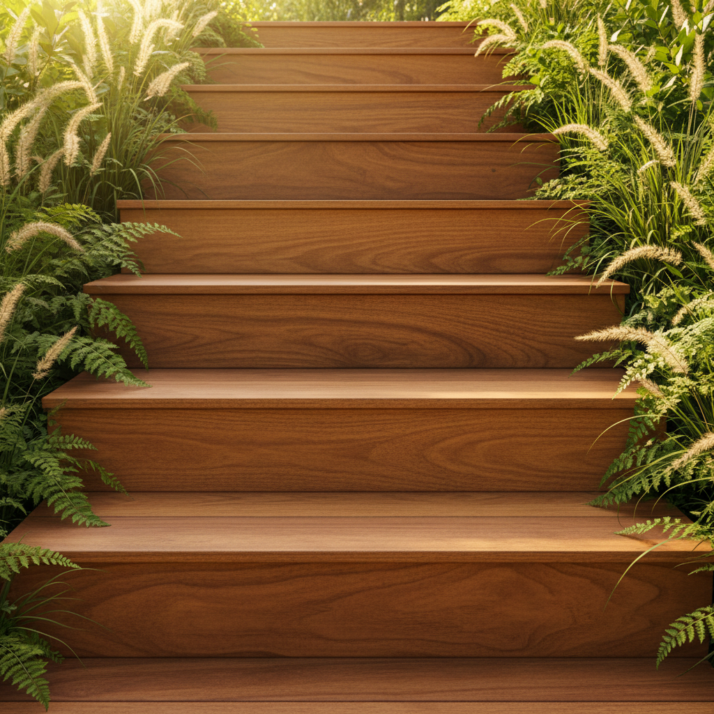 Zbliżenie na szerokie, solidne stopnie schodów wykonanych z ciepłego, egzotycznego drewna. Schody prowadzą w dół, a po ich bokach rosną bujne paprocie i ozdobne trawy. Słońce podkreśla bogatą fakturę i usłojenie drewna, tworząc przytulną i naturalną atmosferę.