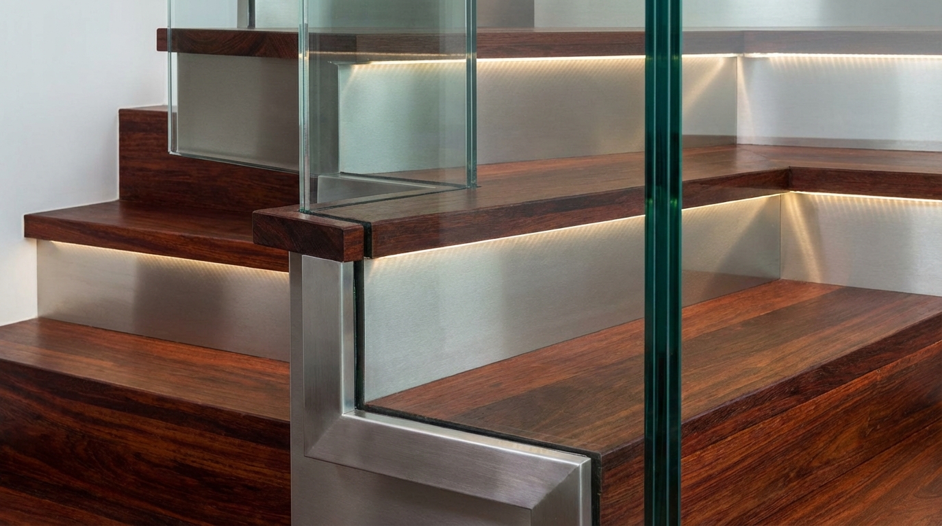 Zbliżenie na fragment nowoczesnych schodów drewnianych. Stopnie wykonane są z ciemnego, egzotycznego drewna merbau o głębokim, czerwono-brązowym odcieniu. Podstopnice wykonane są z matowej, szczotkowanej blachy nierdzewnej, a balustrada to tafla hartowanego szkła. Kompozycja podkreśla kontrast między ciepłym drewnem a chłodnym metalem i szkłem. Oświetlenie LED subtelnie podświetla krawędzie stopni.