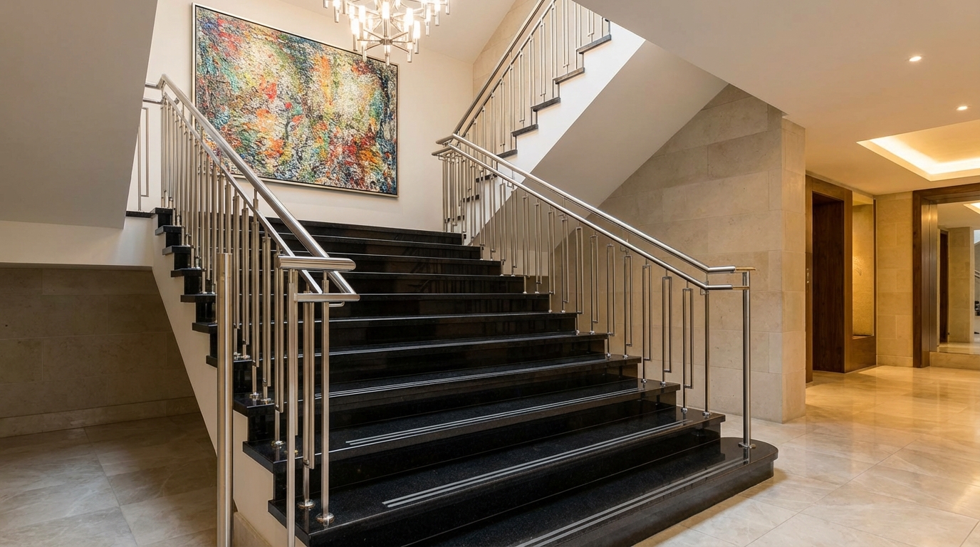 Eleganckie, szerokie schody wykończone polerowanym, czarnym granitem w luksusowym holu. Każdy stopień ma dyskretnie wkomponowany, satynowy antypoślizgowy pasek przy krawędzi. Balustrada wykonana jest z polerowanej stali nierdzewnej, z prostymi, pionowymi słupkami i geometryczną poręczą. Na ścianie w tle widać duży, abstrakcyjny obraz, a całość oświetlona jest nowoczesnym żyrandolem.