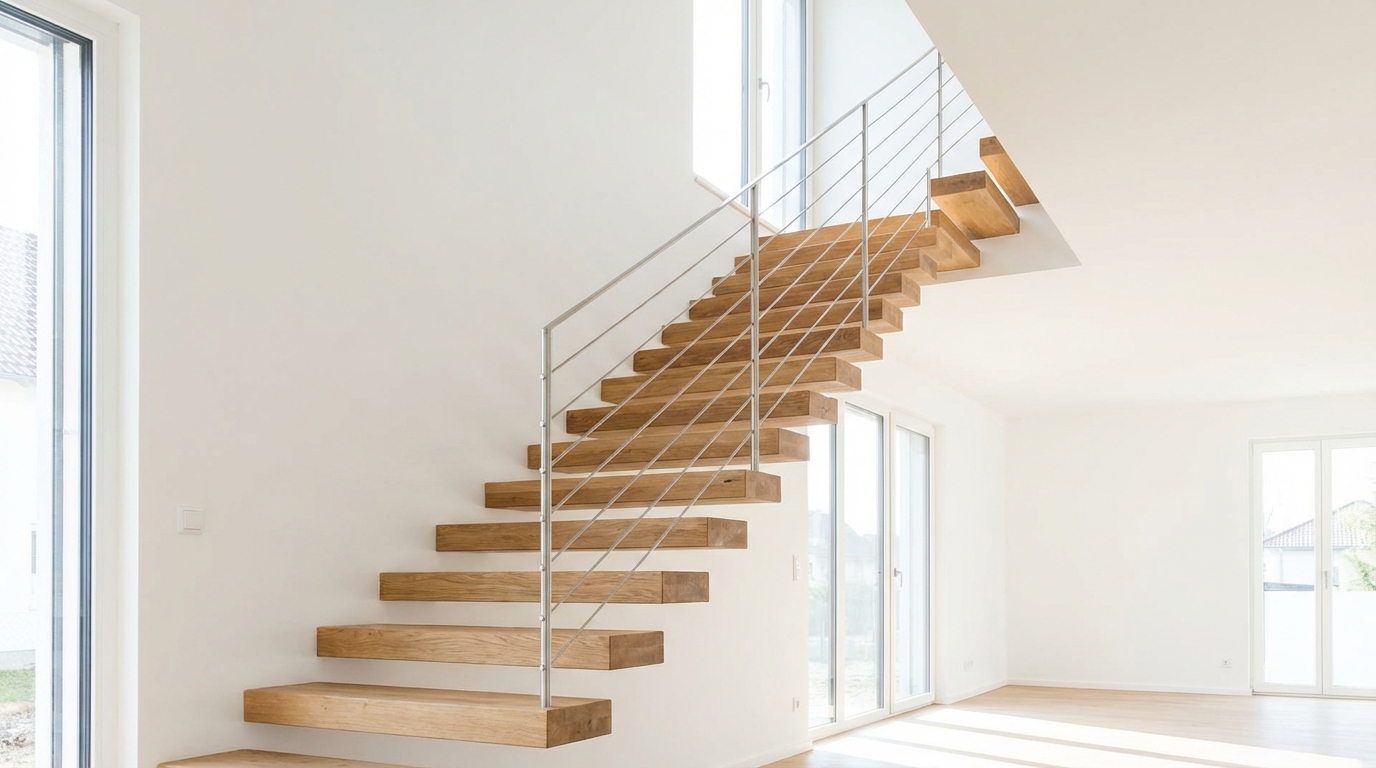 Lekkie, 'pływające' schody ze stopni z litego drewna, które wydają się wychodzić prosto z białej, minimalistycznej ściany. Brak widocznej konstrukcji pod stopniami. Delikatna, ażurowa balustrada z cienkich, stalowych prętów. Wnętrze jest bardzo jasne i otwarte.