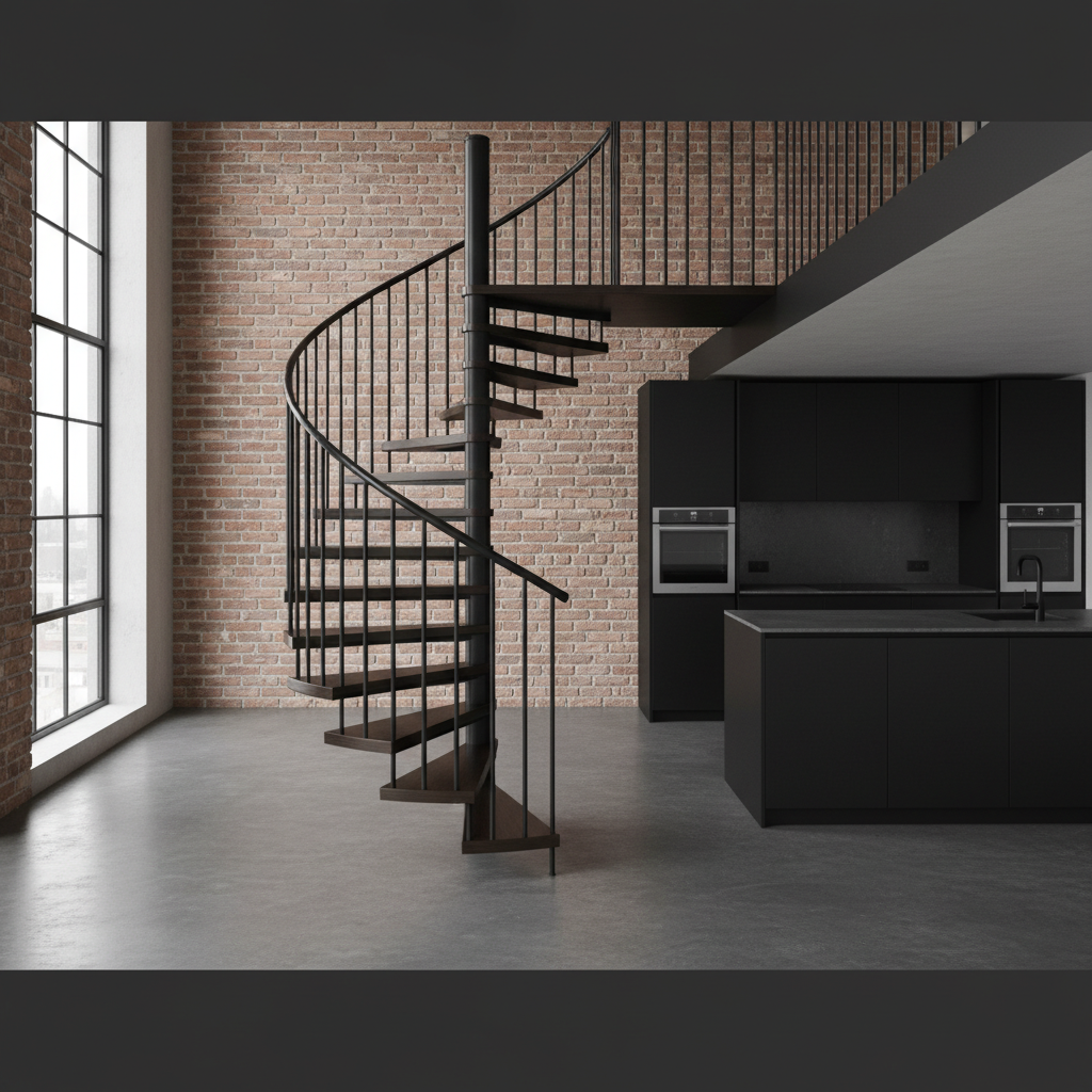 Eleganckie, czarne, metalowe schody kręcone prowadzące na antresolę w nowoczesnym lofcie. Stopnie wykonane są z ciemnego, polerowanego drewna. Balustrada to proste, pionowe pręty. W tle widać ścianę z surowej, czerwonej cegły i nowoczesną, czarną kuchnię. Całość tworzy spójny, industrialny i minimalistyczny klimat.