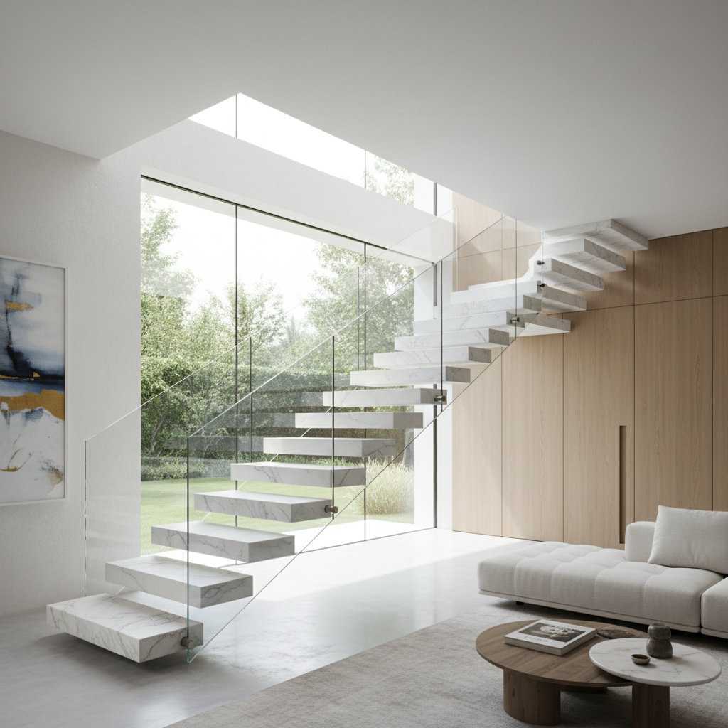 Eleganckie, jasne wnętrze luksusowego domu. Centralnym punktem jest minimalistyczna, samonośna klatka schodowa wykonana z białego marmuru z delikatnymi, szarymi żyłkami. Stopnie wyglądają na jednolite, bez widocznych mocowań, co tworzy wrażenie lekkości i płynności formy. Szklana balustrada dopełnia nowoczesnego charakteru.