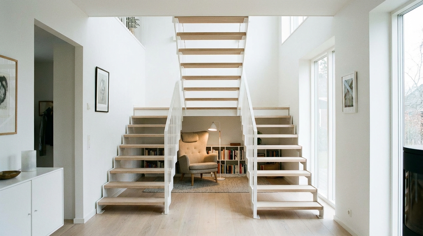 Jasne, przestronne wnętrze salonu w stylu skandynawskim. Centralnym punktem są nowoczesne, ażurowe schody wykonane z jasnego drewna i metalu, prowadzące na piętro. Pod schodami znajduje się przytulny kącik do czytania z wygodnym fotelem i małą lampką.