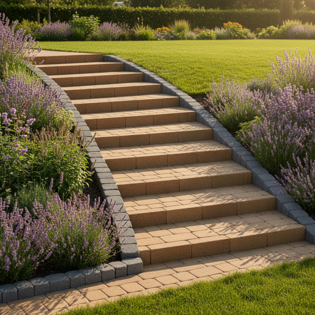 Ujęcie z boku na eleganckie, łukowate schody w ogrodzie, prowadzące na wyższy poziom trawnika. Stopnie są wykonane z kostki brukowej w ciepłym odcieniu, a ich krawędzie są estetycznie wykończone okrągłymi palisadami Polbruk Ring w kolorze grafitowym. Wokół schodów rosną bujne, kwitnące byliny, takie jak lawenda i szałwia. Scena jest skąpana w ciepłym, popołudniowym słońcu.