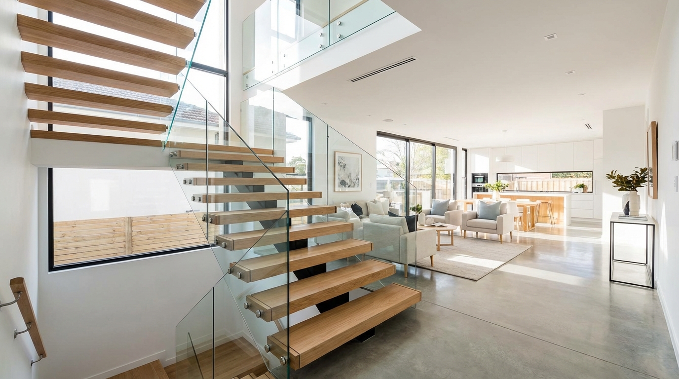 Szerokie, eleganckie schody w nowoczesnym domu z drewnianymi stopniami i szklaną balustradą, widziane z dołu, prowadzące na piętro. Wnętrze jest jasne, przestronne, z dużymi oknami i naturalnym światłem, w stylu minimalistycznego luksusu.