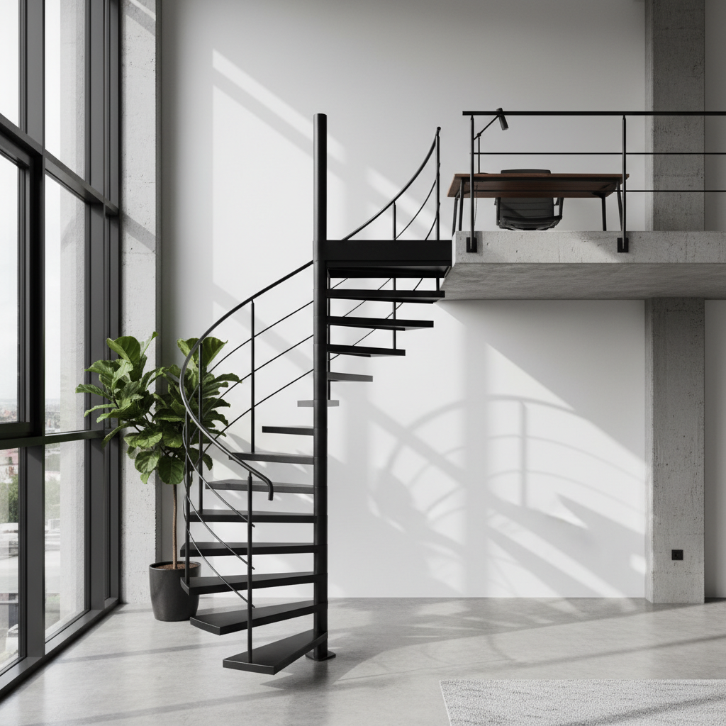 Eleganckie, czarne, metalowe schody kręcone w minimalistycznym, dwupoziomowym apartamencie typu loft. Schody prowadzą na antresolę z domowym biurem. Przez duże okno wpada naturalne światło, tworząc grę cieni na prostej, białej ścianie w tle.