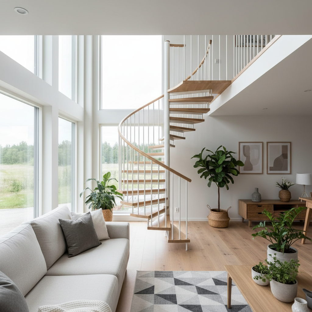Nowoczesny, przestronny salon w stylu skandynawskim z dużymi oknami, przez które wpada mnóstwo naturalnego światła. W centralnym punkcie znajdują się eleganckie, spiralne schody wykonane z jasnego drewna i białego metalu, prowadzące na antresolę. Wnętrze jest minimalistyczne, z jasną sofą, zielonymi roślinami i subtelnymi dodatkami, co podkreśla, że schody są głównym elementem dekoracyjnym. Ujęcie z perspektywy, pokazujące zarówno parter, jak i fragment piętra.