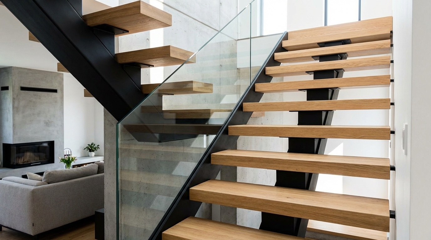 Nowoczesne schody wewnętrzne o minimalistycznym designie, łączące czarne, matowe, stalowe elementy konstrukcyjne z grubymi, drewnianymi stopniami z jasnego dębu. Balustrada wykonana z jednej, dużej tafli hartowanego szkła. W tle widać fragment salonu z betonową ścianą.