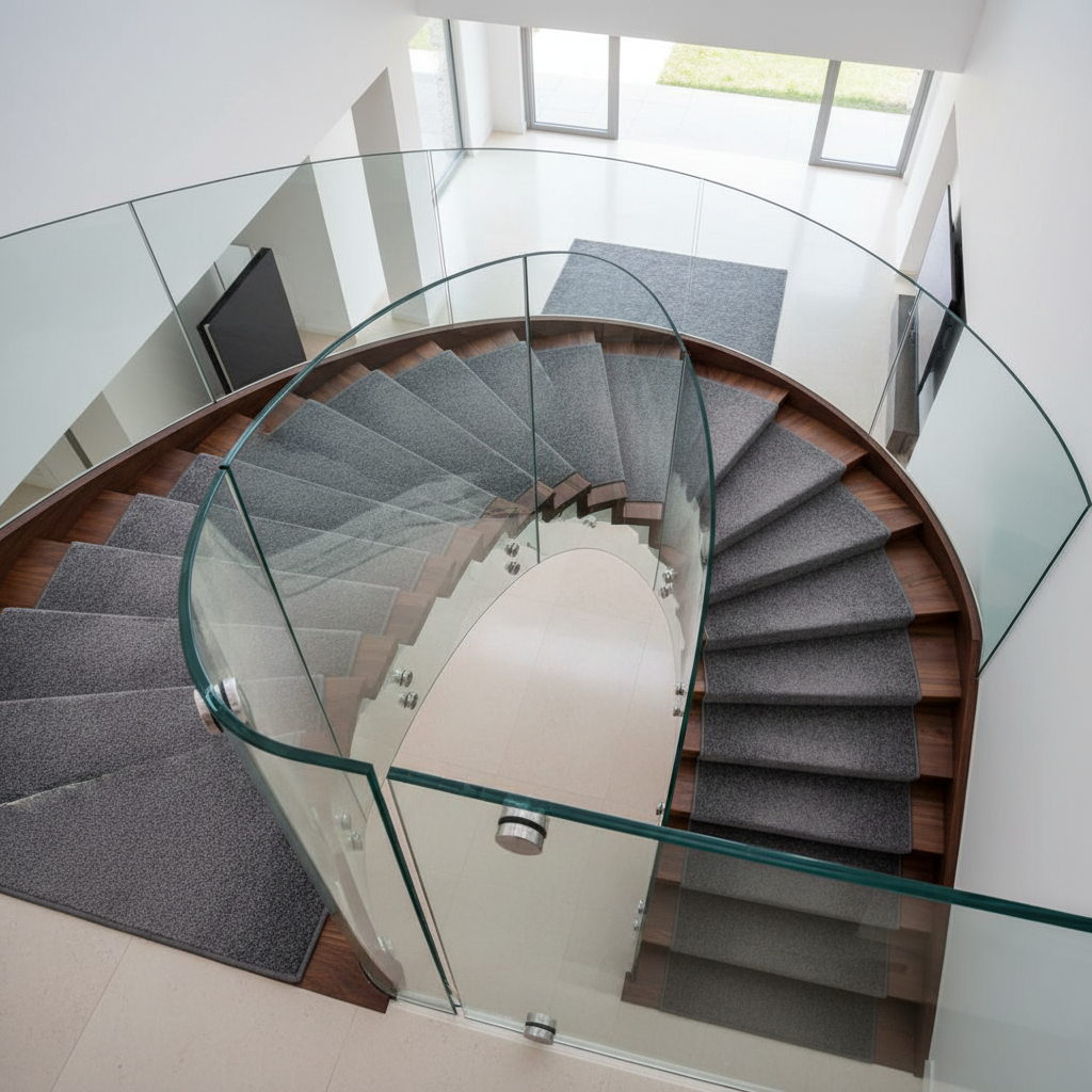 Ujęcie z góry, patrzące w dół na eleganckie schody dywanowe wykonane z ciemnego drewna orzechowego. Obok schodów biegnie nowoczesna, bezramowa balustrada ze szkła hartowanego, która jest niemal niewidoczna. Perspektywa podkreśla czyste linie, minimalistyczny charakter oraz idealne połączenie ciepłego drewna z chłodnym szkłem w nowoczesnym domu.