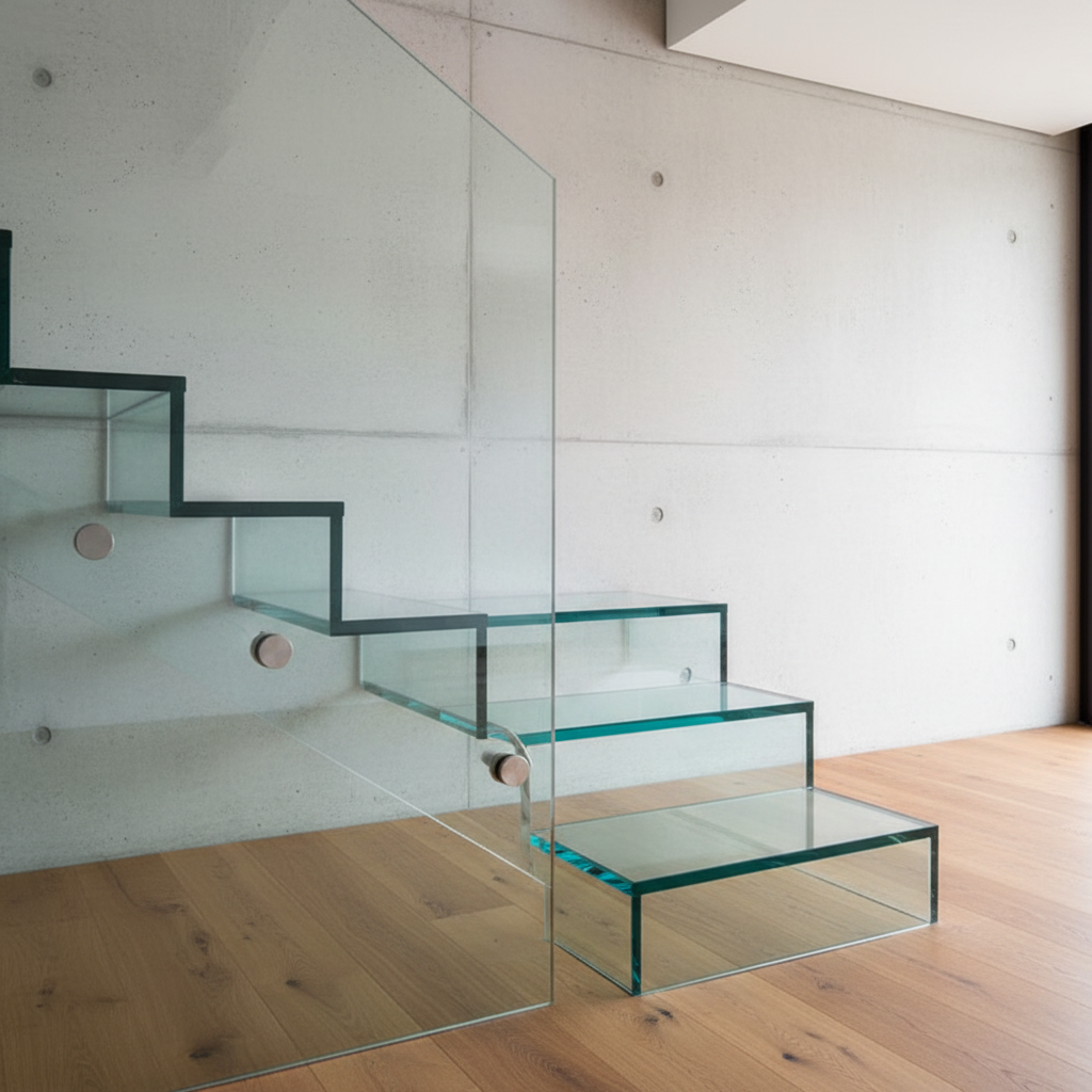 Zbliżenie na fragment nowoczesnych, minimalistycznych schodów w salonie. Stopnie wykonane są z grubego, przezroczystego szkła, a balustrada to pojedyncza, bezramowa tafla szkła. W tle widać fragment jasnej, betonowej ściany i drewnianej podłogi, co tworzy elegancki kontrast materiałów.