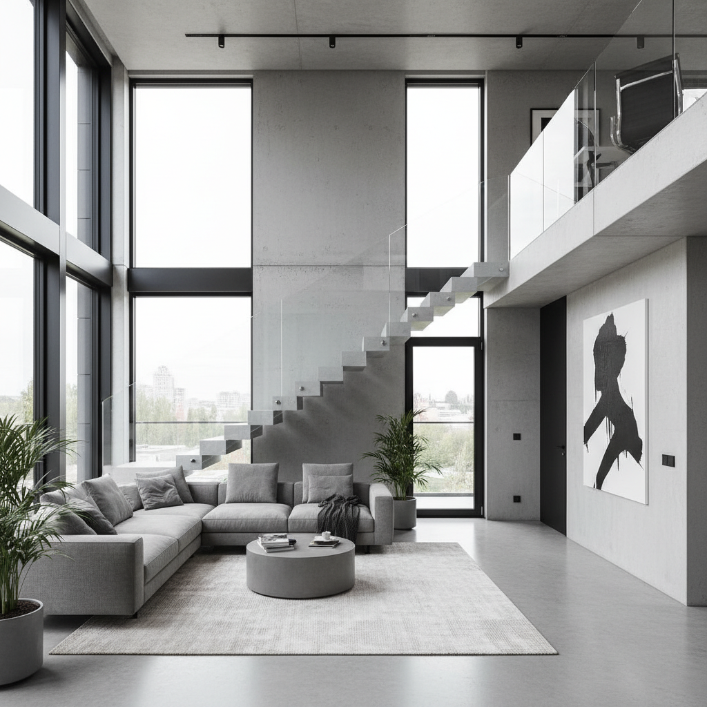 Szerokie ujęcie nowoczesnego, przestronnego salonu w stylu minimalistycznym lub industrialnym, z dużymi oknami wpuszczającymi naturalne światło. Centralnym punktem wnętrza są eleganckie, samonośne schody wykonane z jasnoszarego konglomeratu kwarcowego Technistone, prowadzące na antresolę. Schody mają prostą, geometryczną formę i są zestawione ze szklaną balustradą, co potęguje wrażenie lekkości i luksusu.