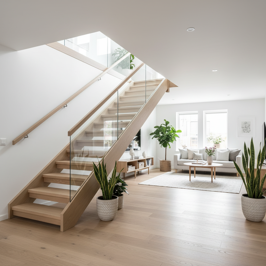 Jasny, przestronny i nowoczesny salon w stylu skandynawskim. Centralnym punktem są eleganckie, ażurowe schody wykonane z jasnego drewna i posiadające balustradę z hartowanego szkła. Schody prowadzą na antresolę. Miękkie, naturalne światło wpada przez duże okna, oświetlając całe wnętrze i podkreślając czystą, minimalistyczną estetykę. W tle widać wygodną sofę, nowoczesne meble i kilka starannie dobranych roślin doniczkowych.