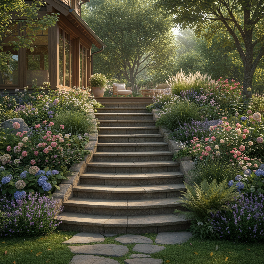 Szerokie, eleganckie schody z naturalnego kamienia prowadzące z drewnianego tarasu w dół do bujnego, zielonego ogrodu. Schody są otoczone kwitnącymi rabatami i ozdobnymi trawami. Słońce delikatnie prześwieca przez liście drzew, tworząc malowniczą i przytulną atmosferę. Scena emanuje spokojem i harmonią, idealnie łącząc architekturę domu z naturą.