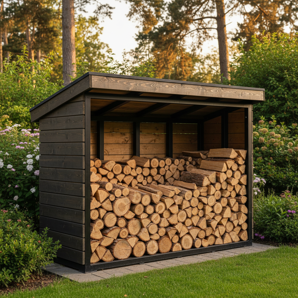 Estetyczny, zadaszony schowek na drewno w ogrodzie, wykonany z ciemnego drewna i metalu. Drewno opałowe jest starannie ułożone, z widocznymi przekrojami pni. Schowek stoi na tle zielonego ogrodu, a całość jest oświetlona ciepłym, popołudniowym słońcem, co tworzy sielski i uporządkowany obraz.