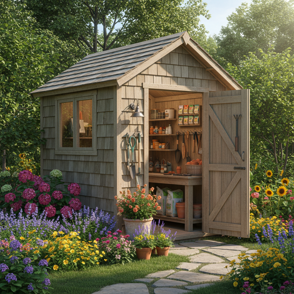 Piękny, stylowy drewniany schowek narzędziowy stojący w bujnym, zielonym ogrodzie w słoneczny dzień. Drzwi są lekko uchylone, ukazując porządek wewnątrz. Wokół rosną kolorowe kwiaty, a całość tworzy sielski i uporządkowany obraz idealnej przestrzeni do relaksu.