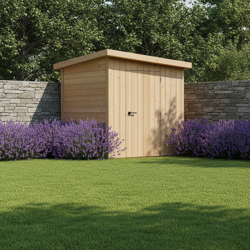 Nowoczesny schowek narzędziowy o nietypowym, pięciokątnym kształcie, idealnie wpasowany w narożnik ogrodu. Wykonany z naturalnego drewna, otoczony jest kwitnącymi lawendami i zielonym trawnikiem, co podkreśla jego estetyczny i funkcjonalny design.