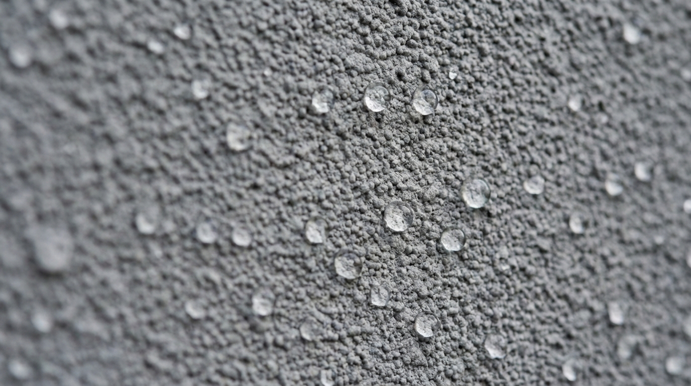 Makro ujęcie fragmentu ściany pokrytej nowoczesnym tynkiem strukturalnym w odcieniu szarości. Na powierzchni tynku widoczne są pojedyncze, idealnie kuliste krople wody, które nie wsiąkają w materiał, demonstrując jego hydrofobowe właściwości. Światło subtelnie podkreśla fakturę "baranka".